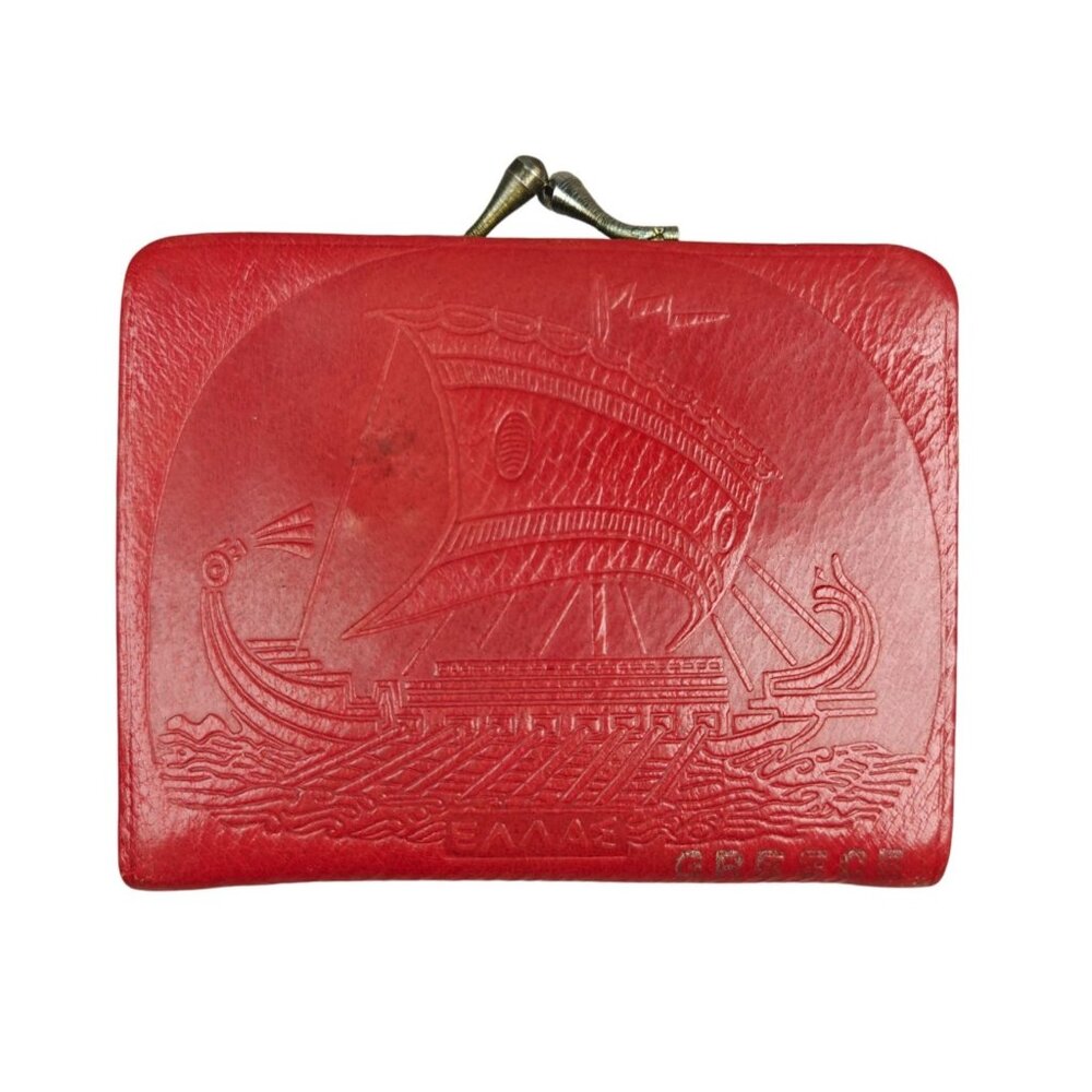 Vintage Greek Red Leather Embossed Wallet Kisslock Coin Purse Naval Ship Design